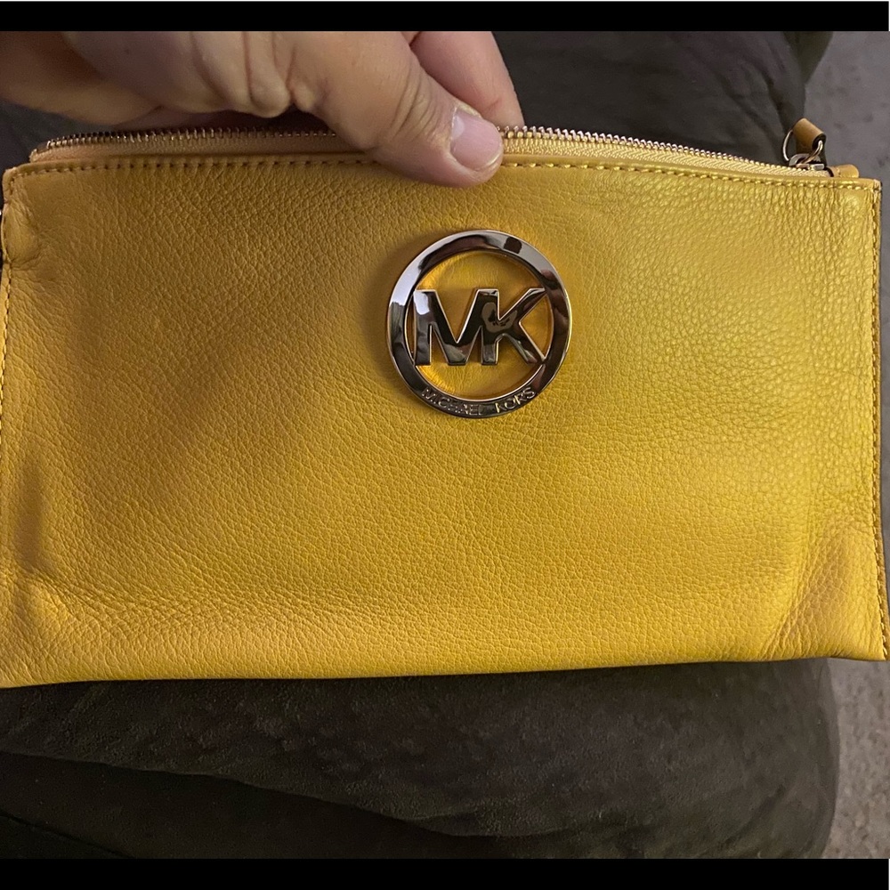 Brand New MK yellow textured leather wristlet
